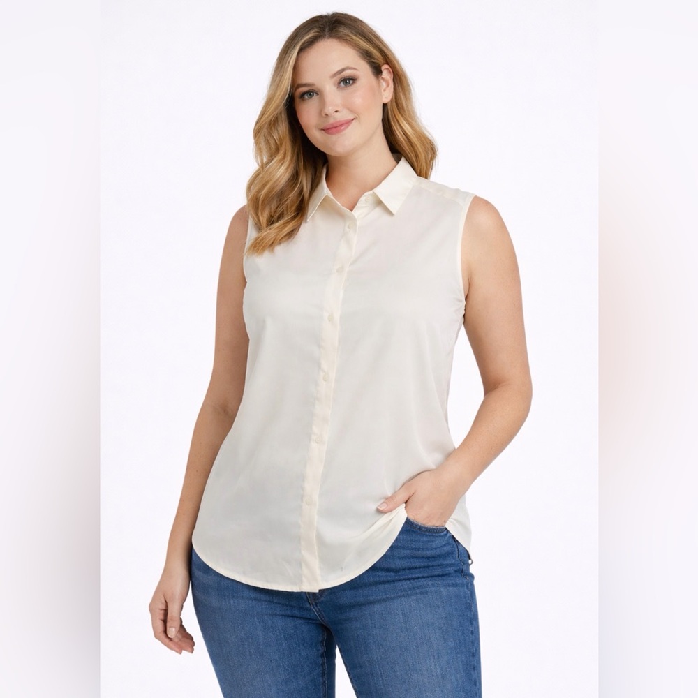 CHAUS women’s Size 14 Ivory Sleeveless Button Front Blouse Office Top(A438)✨